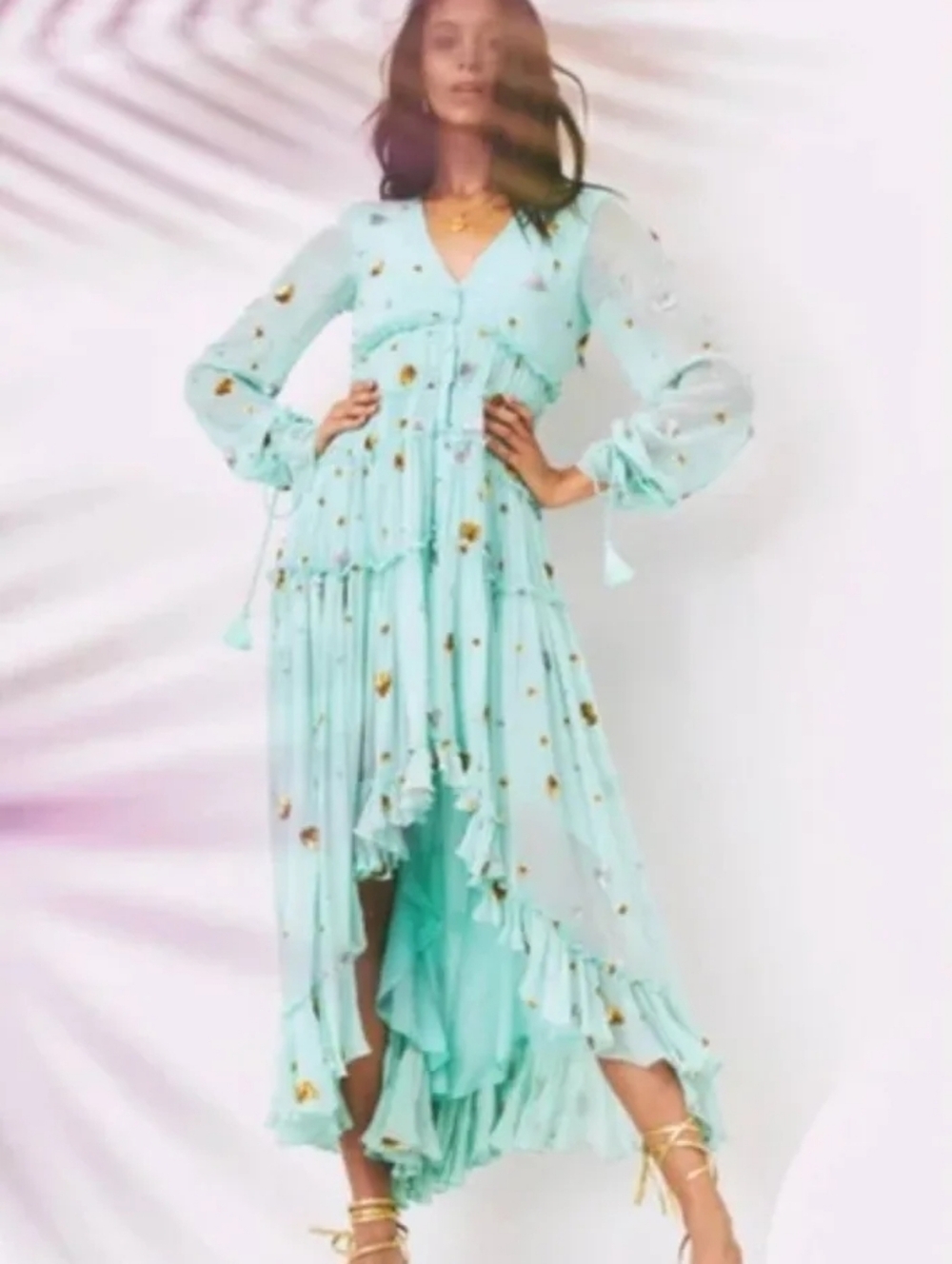NWT/ ROCCO SAND 'TALA' aqua sequin heart hi/lo maxi dress